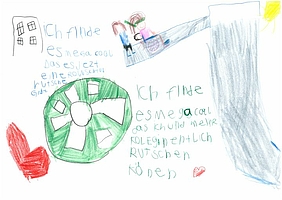 Zeichnung von Schülerinnen der besonderen Volksschule zur Einweihung der inklusiven Rutschbahn
